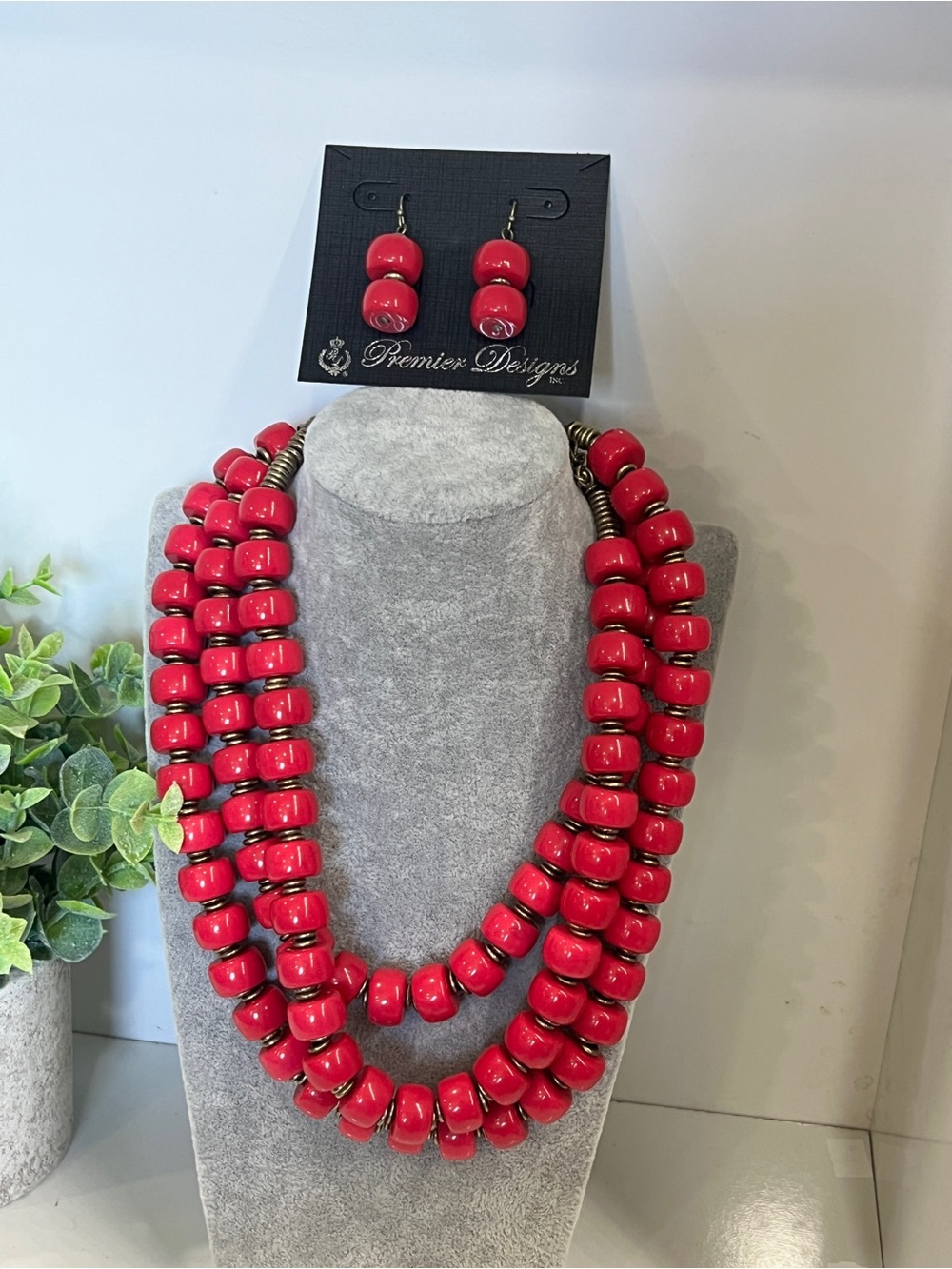 Premier Designs Red Beaded Multi-Strand Necklace & Earrings Set